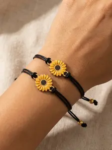 2 Pieces Stylish Woven Cord Bracelets with Sunflower Pendant, Ideal for Everyday Wear, Parties, and Holiday Gifts, Flower Design Bracelet