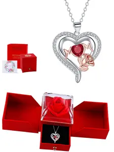 Heart Shaped Mom Rose Pendant Necklace, Birthstone Jewelry Gift, Eternal Flower Rose Box Included, Perfect Mother's Day Birthday Present