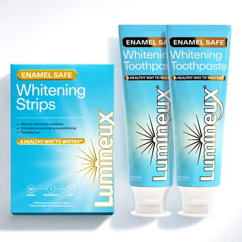 Lumineux Whitening Starter Set – Peroxide Free - Enamel Safe for Whiter Teeth – Includes 7 Whitening Treatments & 2 Pack Whitening Toothpaste, Fluoride Free & Dentist Formulated