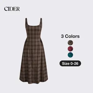 Cider [3 colors, size 0-26] Square Neck Check Pleated Zipper Maxi Dress