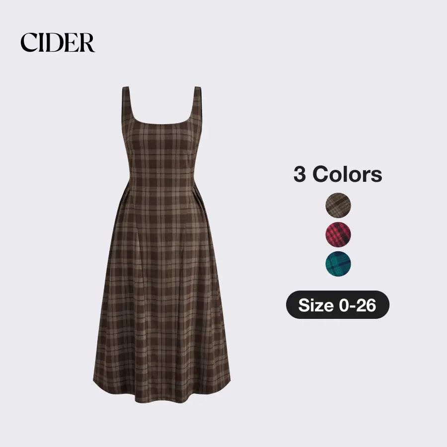 Cider [3 colors, size 0-26] Square Neck Check Pleated Zipper Maxi Dress SummerFinds