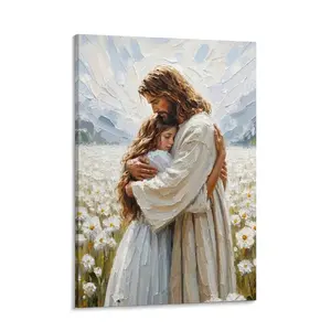 Jesus Hugging Girl Canvas Wall Art - Comforting Christian Home Decor & Nursery Wall Art - Textured Floral Faith Painting Print for Bedroom & Living Room "Held in His Arms"