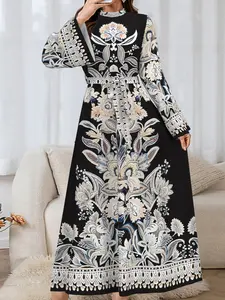 Luxurious Arabic Long Dress, Middle Eastern Style Sleeveless Maxi Dress, Elegant Floral Print Party Gown, Loose Fit