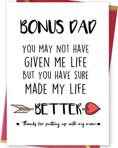 Bonus Dad Fathers Day Card,Dad Birthday Gifts From Stepdaughter Stepson,Fathers Day Card for Stepdad,Thanks For Putting Up With My Mom Card