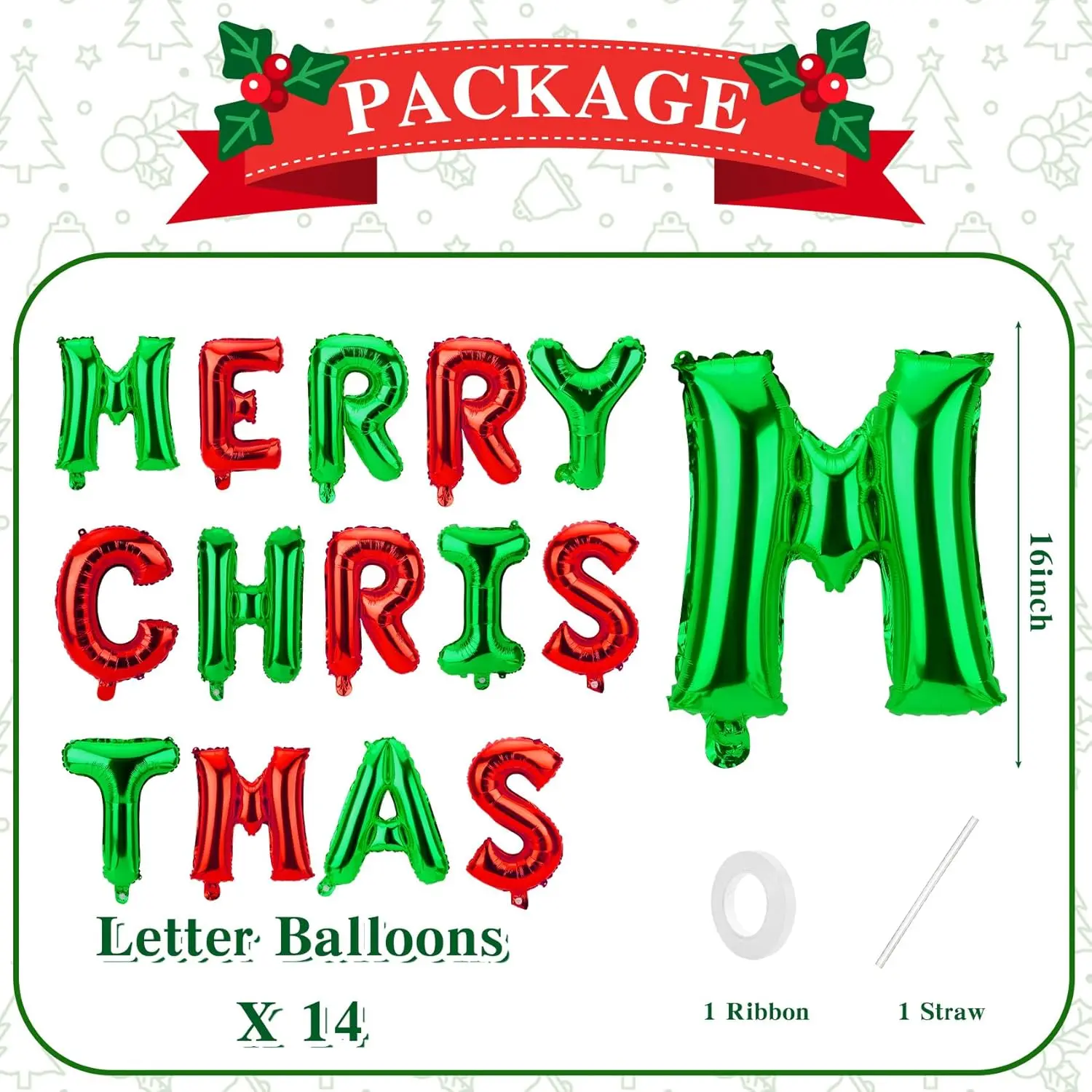 Merry Christmas Foil Letter Balloon Banner – Red & Green 16-Inch Aluminum Balloons for Holiday Party Decoration