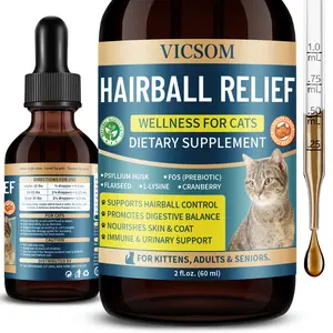 VICSOM Liquid Cat Hairball Support - 60ml | Natural Furball Control with Psyllium Husk | Supports Digestive, Skin & Coat, Immune & Urinary Health | Chicken Flavor