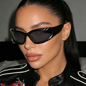 Women's Punk Metal Ring Decor Wrap-Around Sunglasses - Y2K Futuristic Sporty UV400 Protection Eyewear for Club Party, Daily Wear