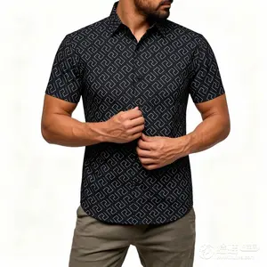 Men's geometric print short-sleeve button-up shirt, with slightly stretchy casual shirt, featuring a Greek key pattern, suitable for business and everyday wear
