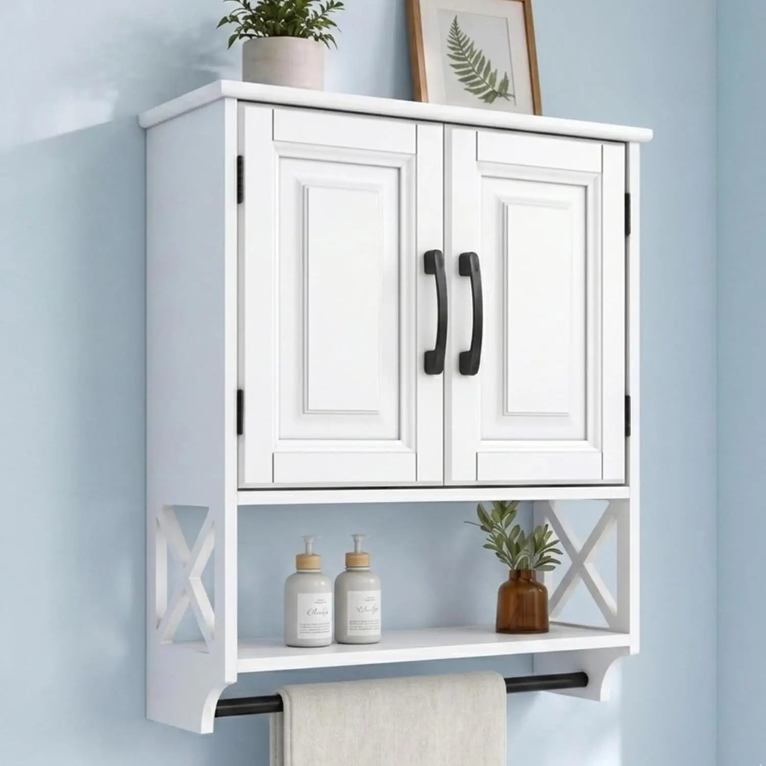 Bathroom Wall Cabinet with Tower Bar, Wall Mounted Cabinet with Barn Doors & 3 Point Adjustable Shelf, 3-Tier Compact Wall Bathroom Cabinet Over the Toilet for Bathroom Kitchen Living Room