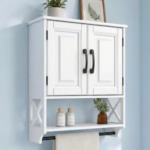 Bathroom Wall Cabinet with Tower Bar, Wall Mounted Cabinet with Barn Doors & 3 Point Adjustable Shelf, 3-Tier Compact Wall Bathroom Cabinet Over the Toilet for Bathroom Kitchen Living Room