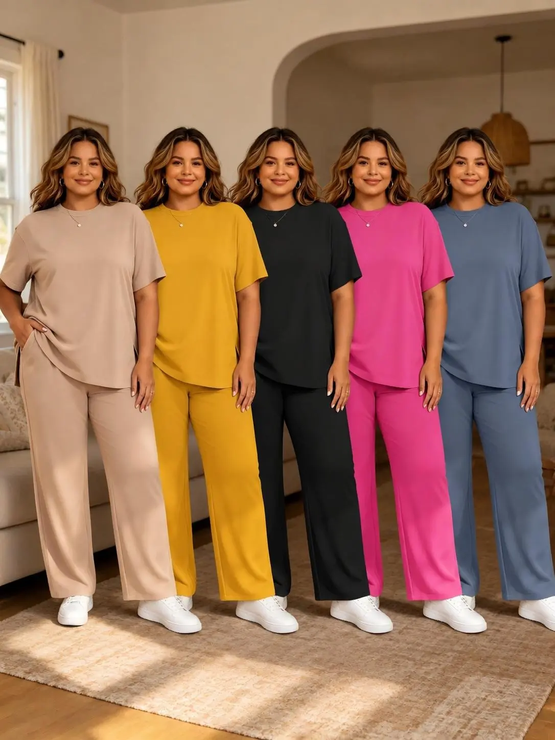 Elegant Plus Size Women's Short Sleeve T-Shirtwith Solid Slim Pants-Crew neck, Spring and Summer Casualloose fit Two-Piece Set, Women's Fashion Outfit.Machine Washable, Trendy and Comfortable ChicClothes Suits