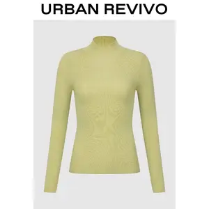 URBAN REVIVO Women's Minimalist High-Neck Knitwear Long-Sleeve Basic T-Shirt, Casual Clothes, Style UWB950008