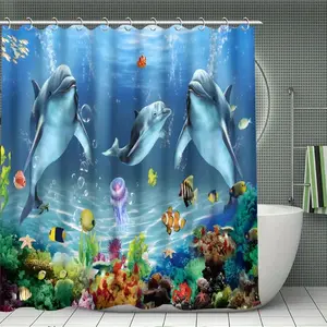A shower curtain of the underwater world of dolphins and small fish, perfect for bathroom decoration, partition, beautification space, waterproof, wear-resistant, easy to clean, machine washable, multiple sizes to choose from, and shower curtain hooks