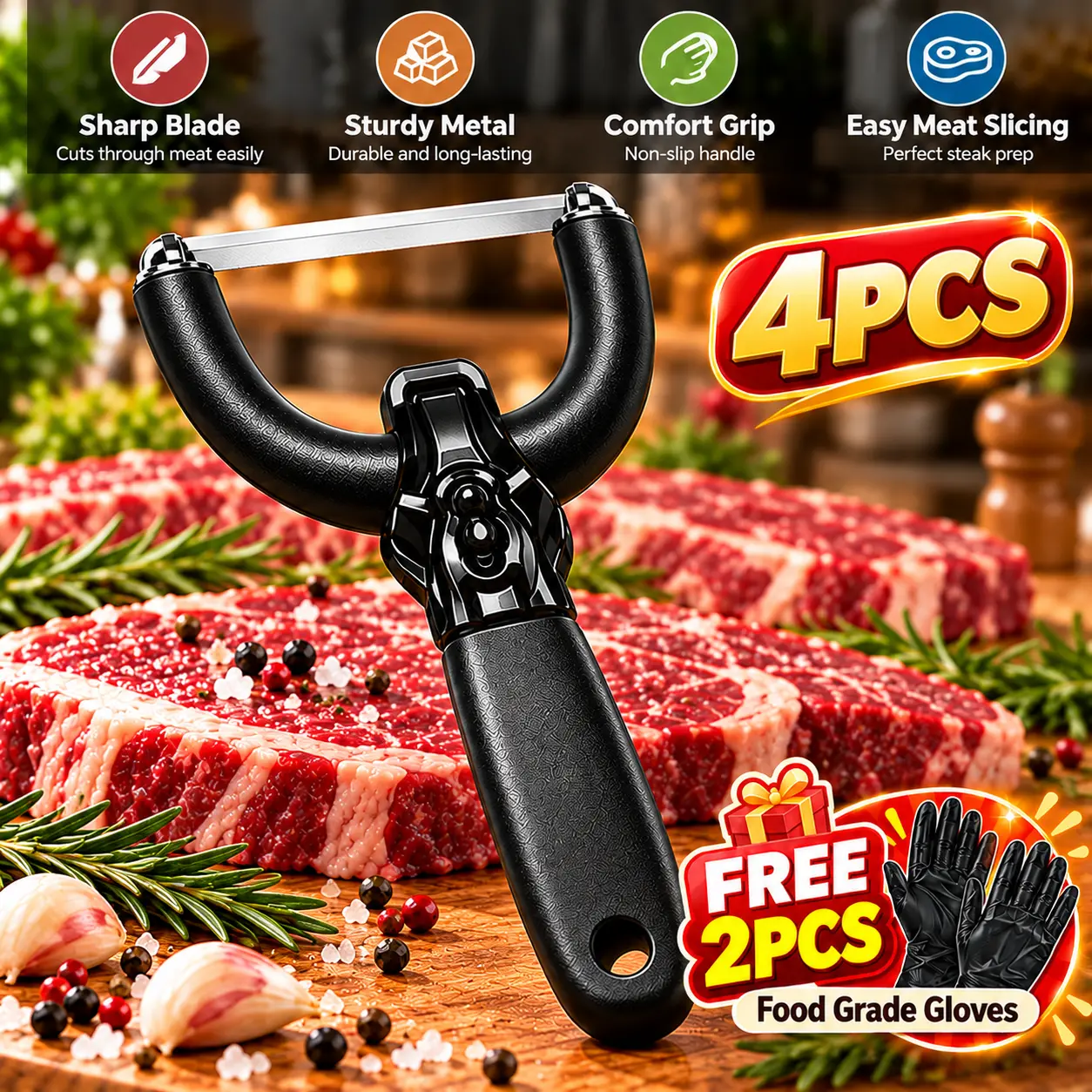andheld Meat Fat Trimmer with Cut Resistant Gloves, U-Shaped Stainless Steel Cutting Wire, Precise Fat Removal Tool for Beef, Pork, Brisket, Steak, BBQ Prep