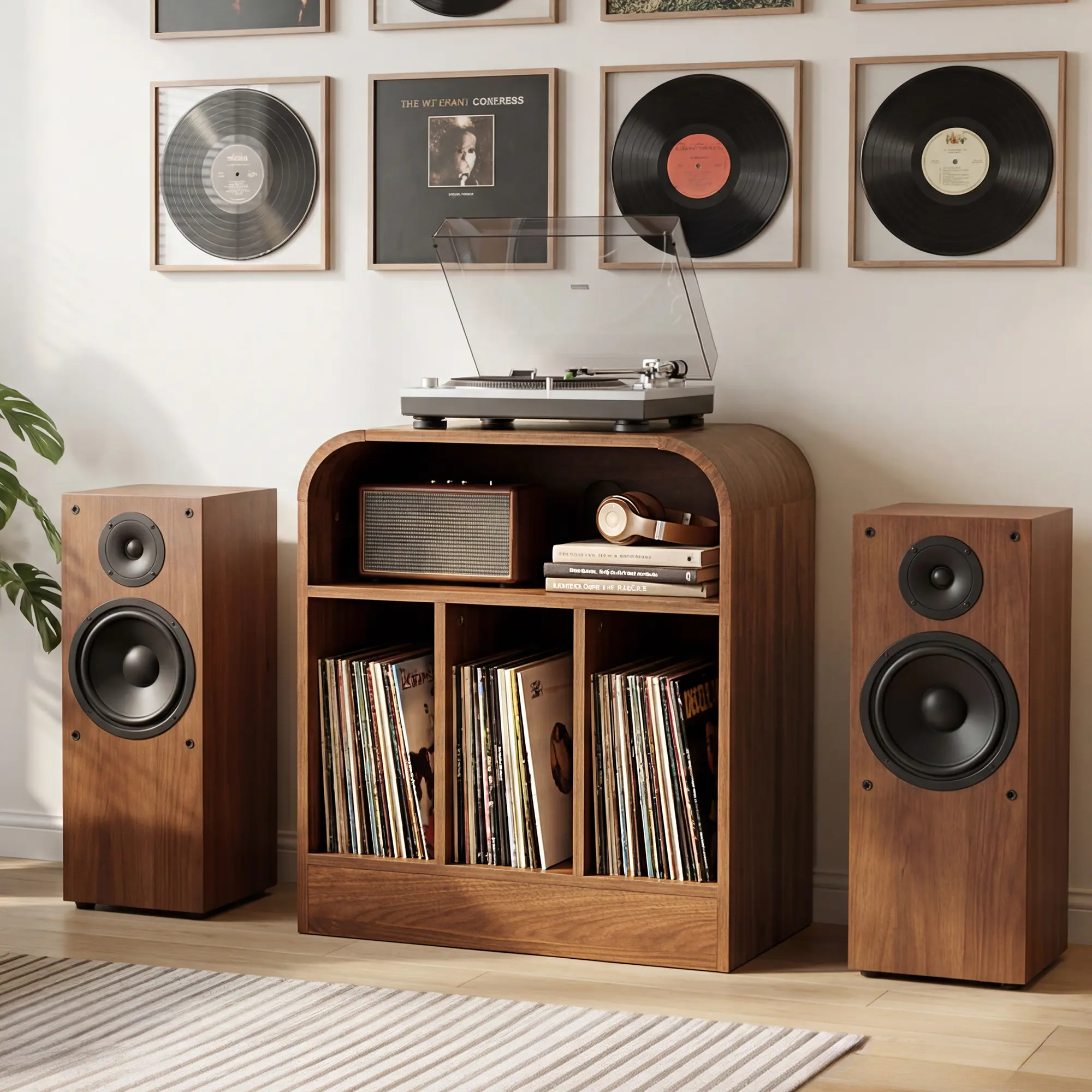 Giratree 3-Tier Record Player Stand, Walnut | Curved Turntable Stand with Vinyl Storage, Holds up to 150 Albums, Small Vinyl Record Cabinet with Divider for Living Room