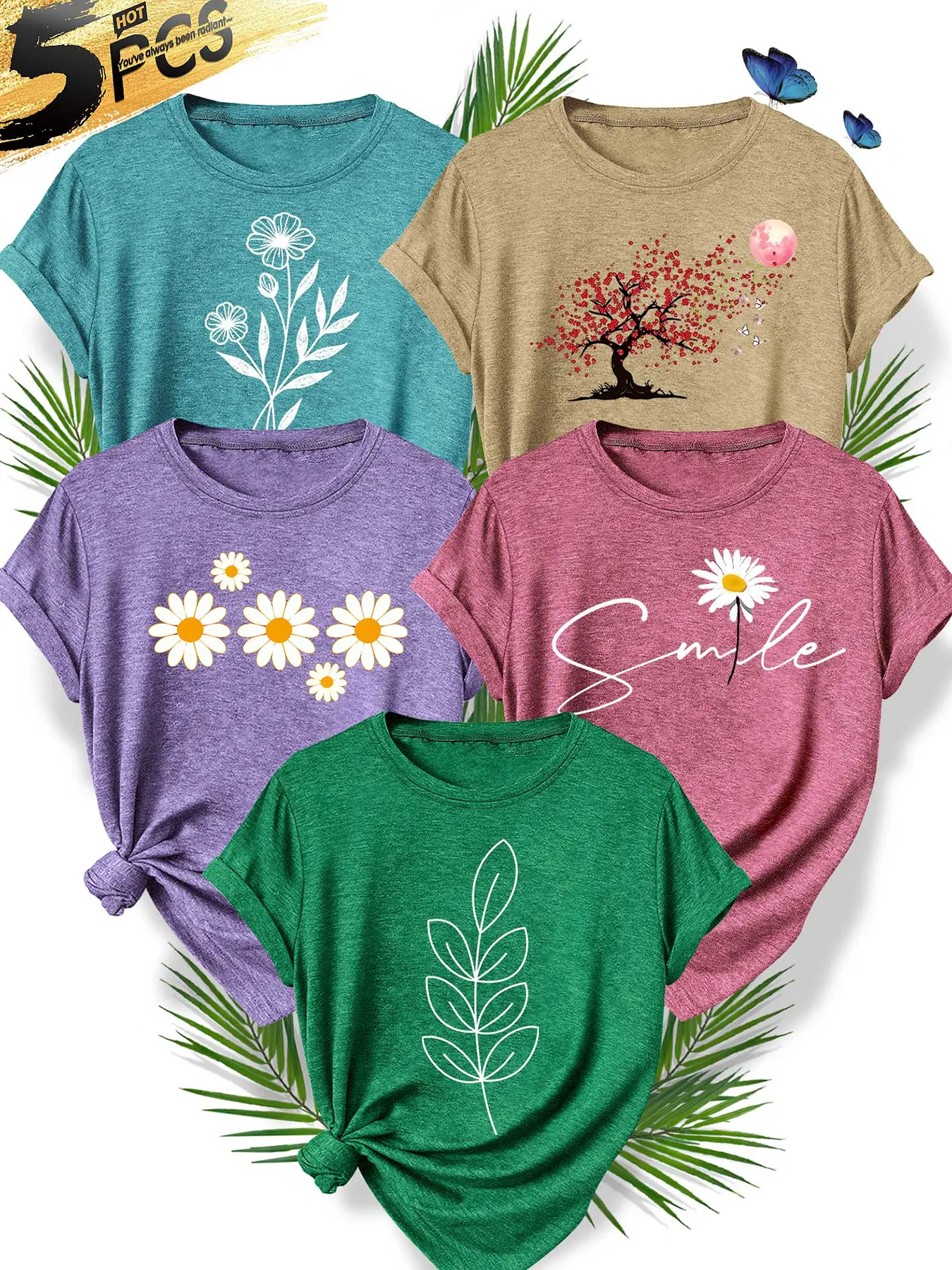 Women's 5Pcs Crew Neck T-Shirt, Floral Tree Daisy & Leaf Line Combo Print, Multiple Colors Available, Machine Washable, Spring & Summer Tops, Soft Skin-Friendly Fabric, Daily Versatile, Casual Fashion Design