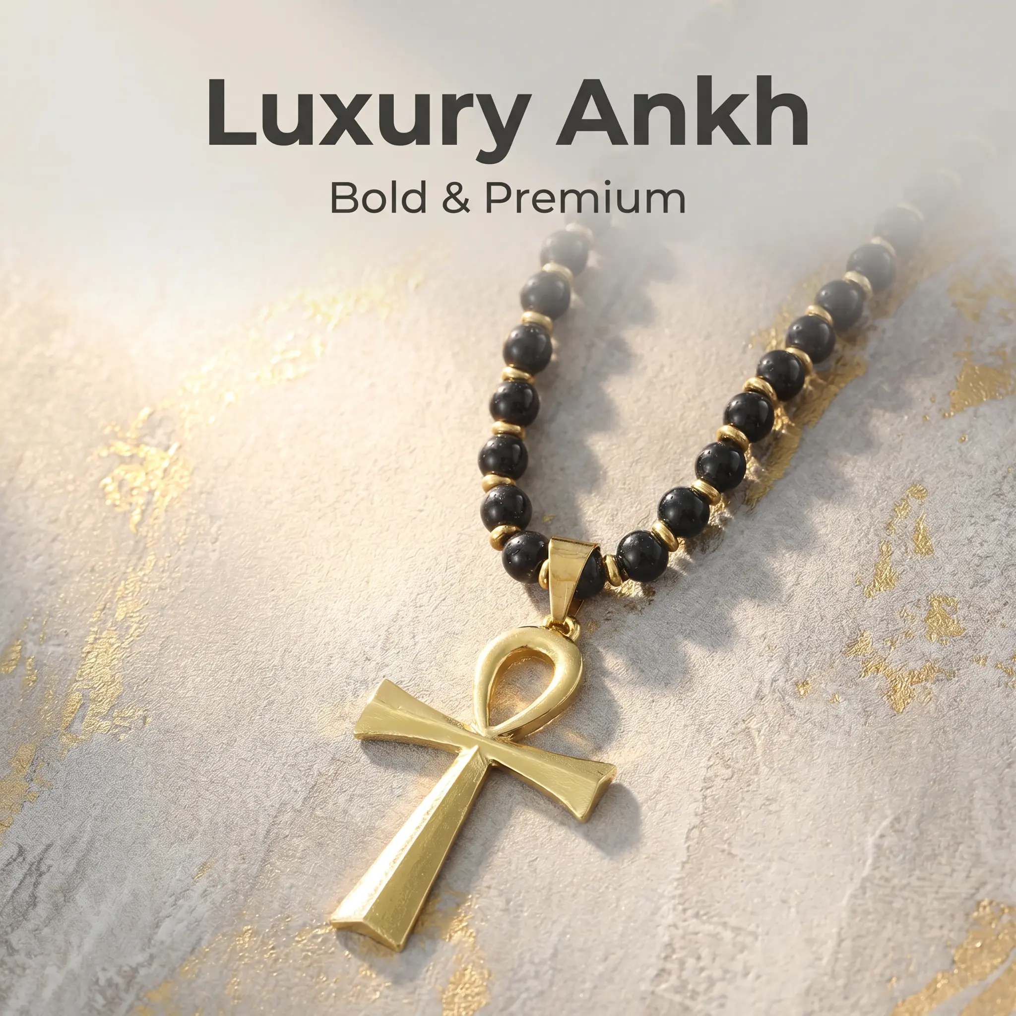 Bestselling Natural Black Onyx Beaded Egyptian Ankh Cross Necklace, 60cm (23.62") Chain, 6.5cm (2.56") × 3.6cm (1.42") Pendant, Spiritual Protection & Healing Gemstone Jewelry for Men.