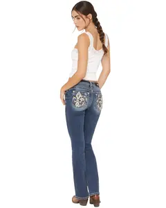 Miss Me Women's Medium Wash Mid Rise Fleur De Lis Pocket 30" Bootcut - M9591bs
