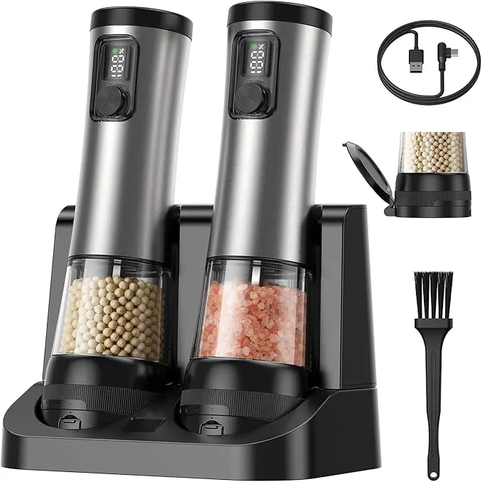Electric Salt & Pepper Grinder Rechargeable Set 2 Pack, Adjustable Coarseness & Speed, Stainless Steel, Large Capacity for Kitchen, Dining, Camping  Kitchenware Seasoning Portable