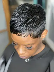synthetic Hair Short Wigs Pixie Cut Wigs with Bangs Short Black Layered Wavy Wigs for Women 1B Color Synthetic Material Wigs