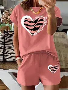 Two-Piece Set Women's Leopard Heart Print Short Sleeve Fitted Tee & Skinny Shorts, Cute Two Piece Sets, Casual Round Neck T-shirt & Shorts for Daily Wear, Ladies Summer Clothes Womenswear