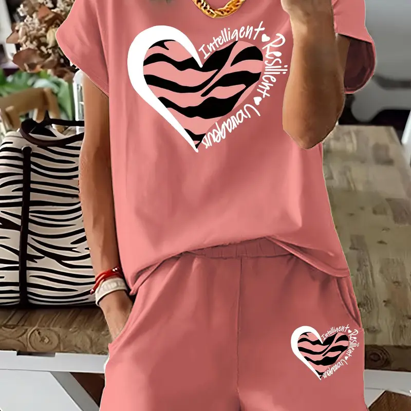 Two-Piece Set Women's Leopard Heart Print Lightweight Short Sleeve Tee & Skinny Shorts, Casual Round Neck T-shirt & Shorts for Daily Wear, Ladies Summer Clothes
