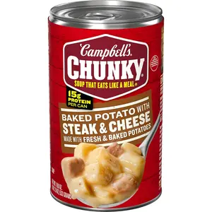 Campbell’s Chunky Baked Potato with Steak & Cheese Soup, 18.8 oz Can – Hearty Potato Soup with Steak & Cheddar, 15g Protein, Ready-to-Eat Meal