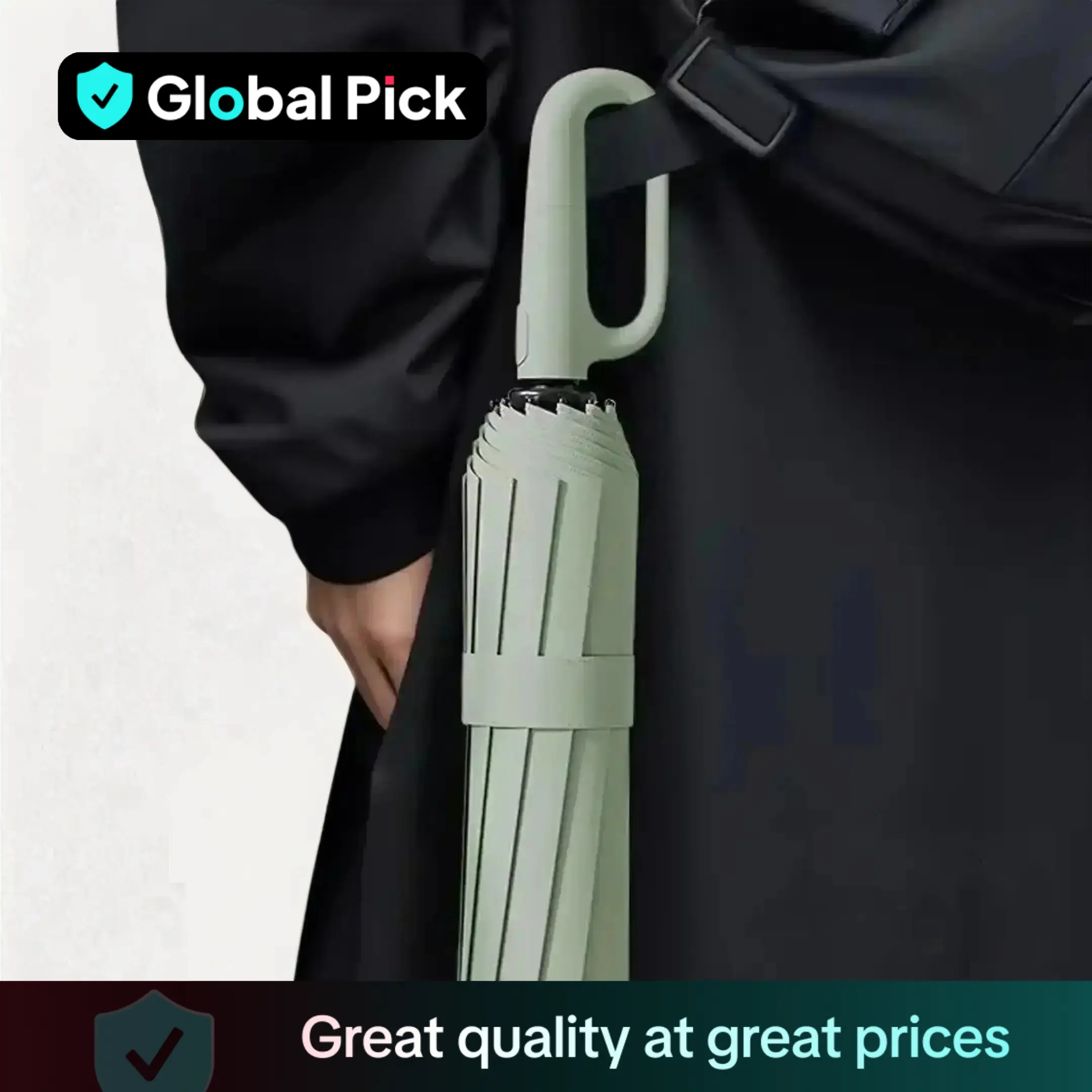 Green Foldable Rainproof Automatic Umbrella, 1 Count Compact Ring Buckle Windproof Reinforced Umbrella, Durable Innovative Sun-protection Folding Umb