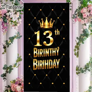 2D flat banner, 1pcBlack Gold 13th Birthday Backdrop with Quilted Studs & Crown, Bold 3D Gold '13' 'th' & 'BRINTHY' 'BIRHDAY' Typo, Luxurious Celebratory Party Decorgalentines party decor, valentine day decor, decorations for valentines day