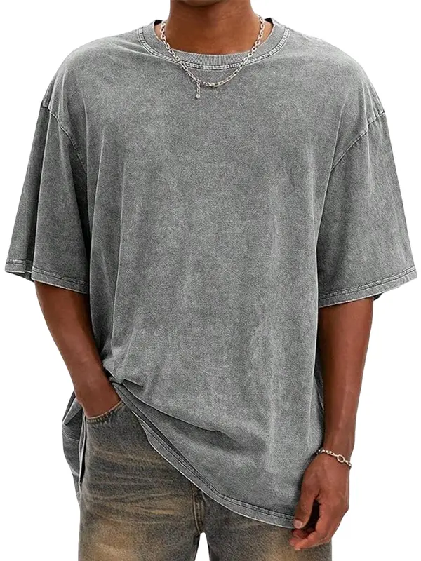 Men's Heavyweight Cotton Retro Short-Sleeve T-Shirt - Streetwear Menswear Casual Top, Skin-Friendly, Breathable, Comfortable for Daily Wear, Tshirt, Shortsleeve, Breathable Cotton, Plain