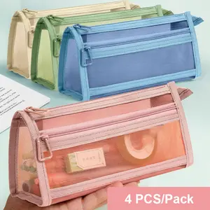 4 Pack Simple Clear Pencil Case Double Layers Zipper Pencil Bag Desk Stationery Organizer Back to School Supplies