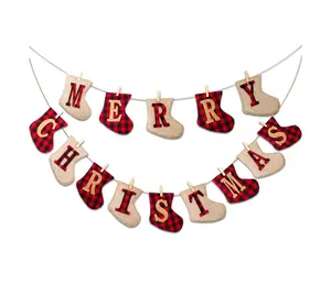 Merry Christmas Burlap Banner-Sock Shaped Christmas Decoration,Outdoor Indoor Hanging Decor,Rustic Christmas Decorations for Mantle Fireplace,Xmas Party Supplies Decoration