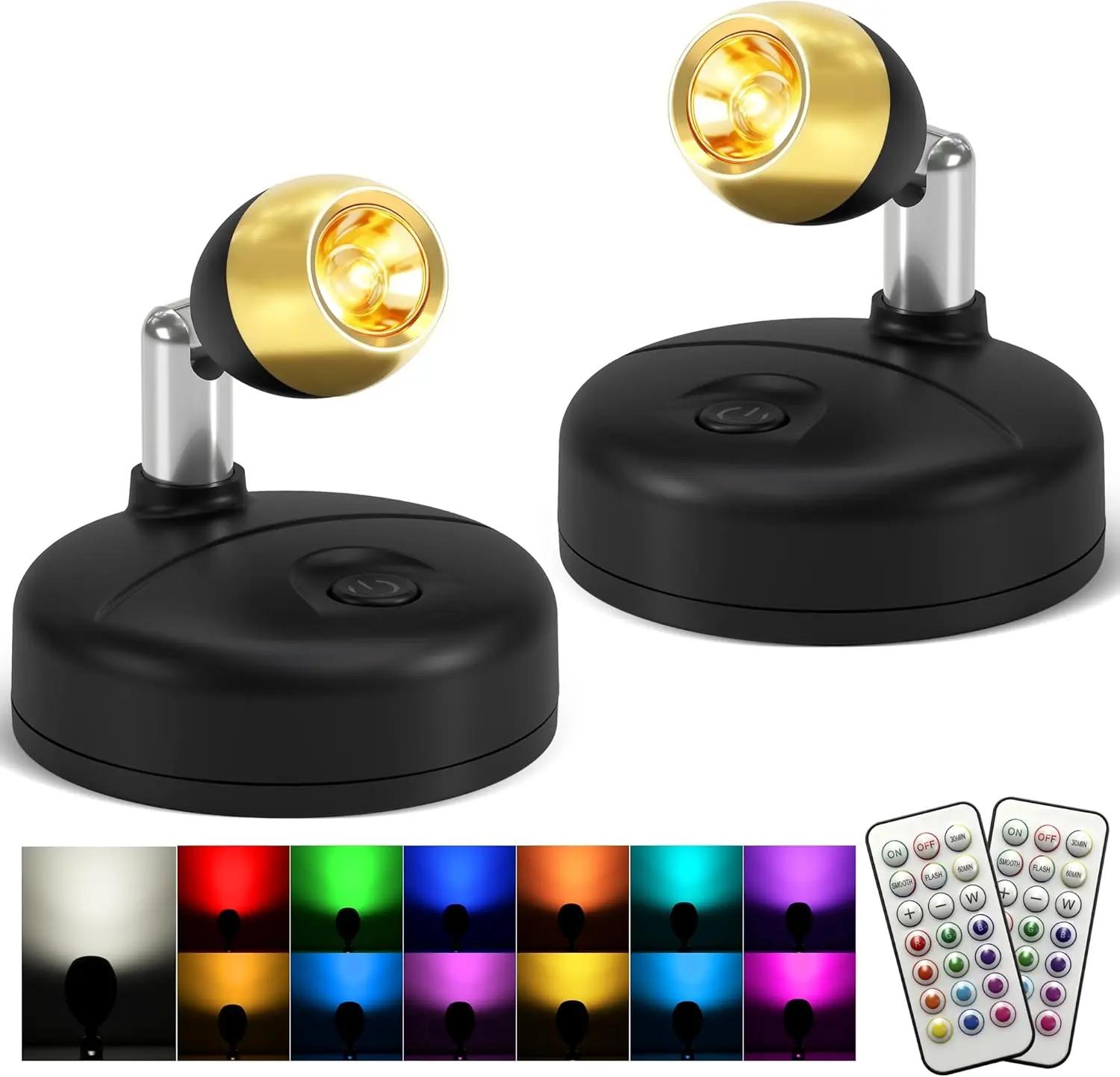 Spot Lights Indoor with Remote: Battery Operated Uplighting, Led Wireless Uplights, Timer&Dimmable, RGB Small Spotlights for Displays, Picture Lights for Painting, Black, 2 Pack