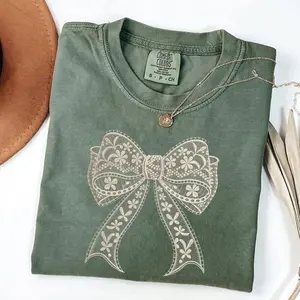 Comfort Colors Coquette Lace Bow TShirt, Comfort Colors Cute Bow T-shirt, Lovely Gift for Women, Cute Mother Gift, Mother Day Gift