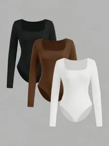 Women's Long Sleeve Mock Neck Slim Fit Casual Chic Minimalist Top Set, Fall & Winter Essential Clothing, Comfortable Daily Wear