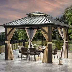 DWVO 10x10ft Outdoor Hardtop Gazebo Canopy Aluminum Frame Curtain Double Tier