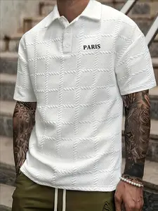Men's Regular Fit Paris Print Polo Shirt, Casual Short Sleeve Half Placket Collared Top for Summer, Fashion Men's Clothes for Daily Wear, Tropical, Menswear