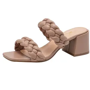 Women's Open Square Toe Braided Chunky Heel Strappy Backless Slip-On Mule Footwear - Comfy Fashionable Heeled Sandals, Walking Shoe, Dressy Casual Summer Heels Shoes for Women