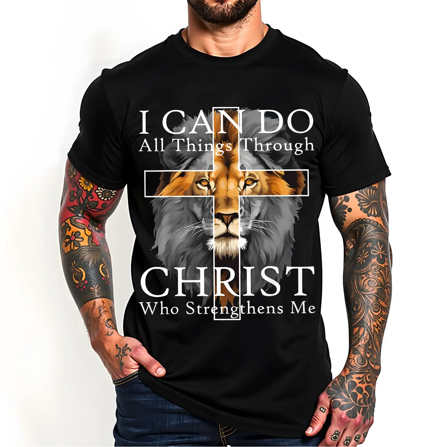 [100% Cotton] Strong Lion With Cross Christian Faith Inspirational T-Shirt