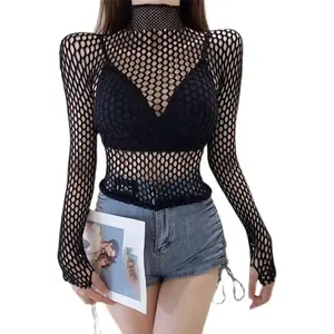 Womens Sexy Mesh Long Sleeve Fishnets Tops Fun Fashion Slim Fit Tops Hollow Out See through Loose Female T-Shirts Crop Soft Top NONE