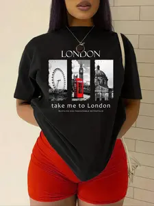Women's London & Letter Print Round Neck Tee, Casual Short Sleeve Crew Neck T-Shirt for Summer, Fashion Women's Top for Daily Wear Lady
