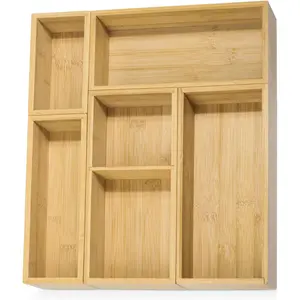 5 Pack Bamboo Drawer Organizer Set Multi-Use Junk Drawer Organizer for Bathroom Kitchen Office Jewelry Makeup