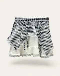 Women's Cute Gingham Lace Layered Mini Skirt, Elastic Waist, Ribbon Accent, Cotton Blend, Regular Fit Clothes