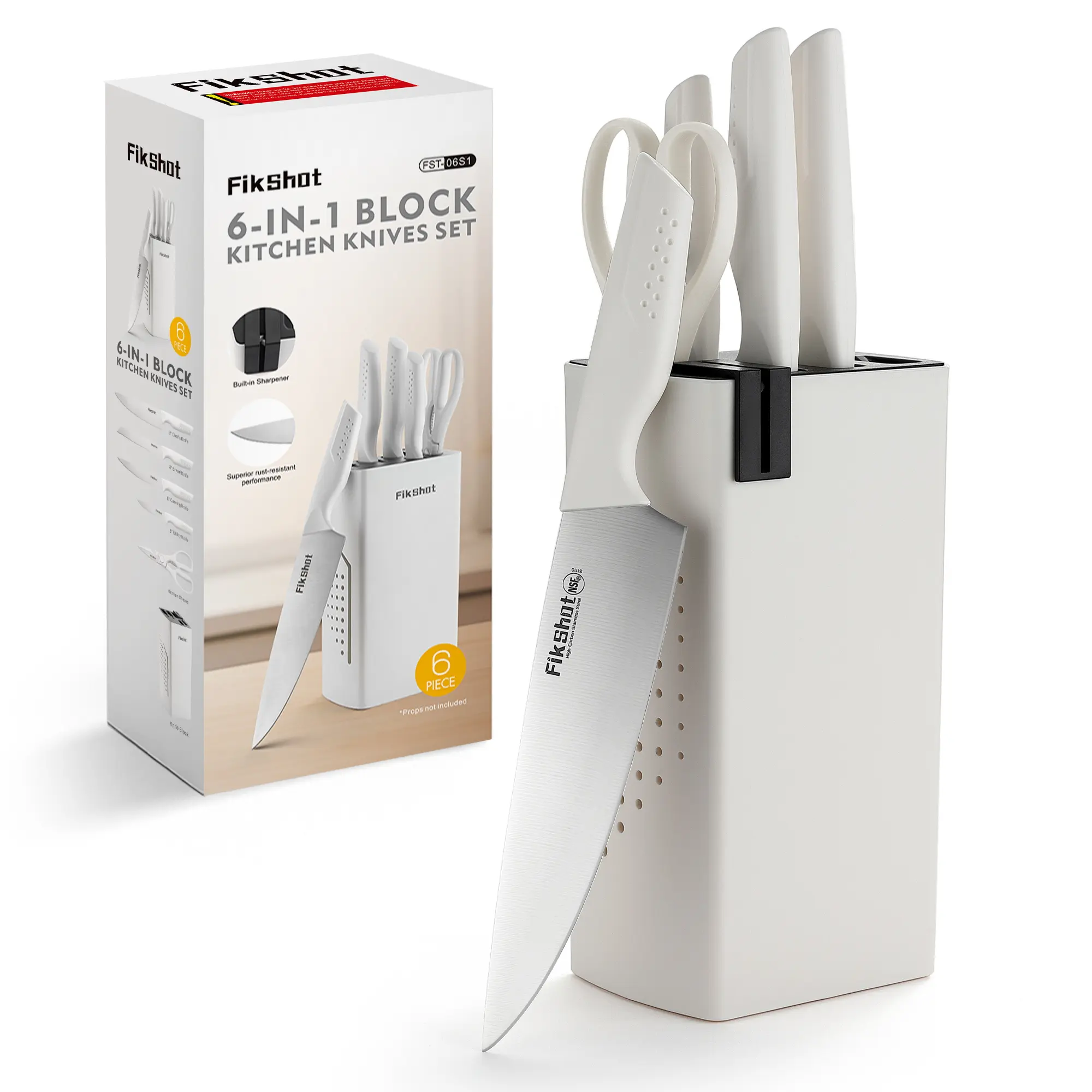 Knife Set, FIKSHOT 6-Piece Kitchen Knife Block Set with & Built-In Sharpener, Dishwasher Safe High Carbon Stainless Steel Blades, Rust-Resistant – Ideal Housewarming Gift, Home, Knives