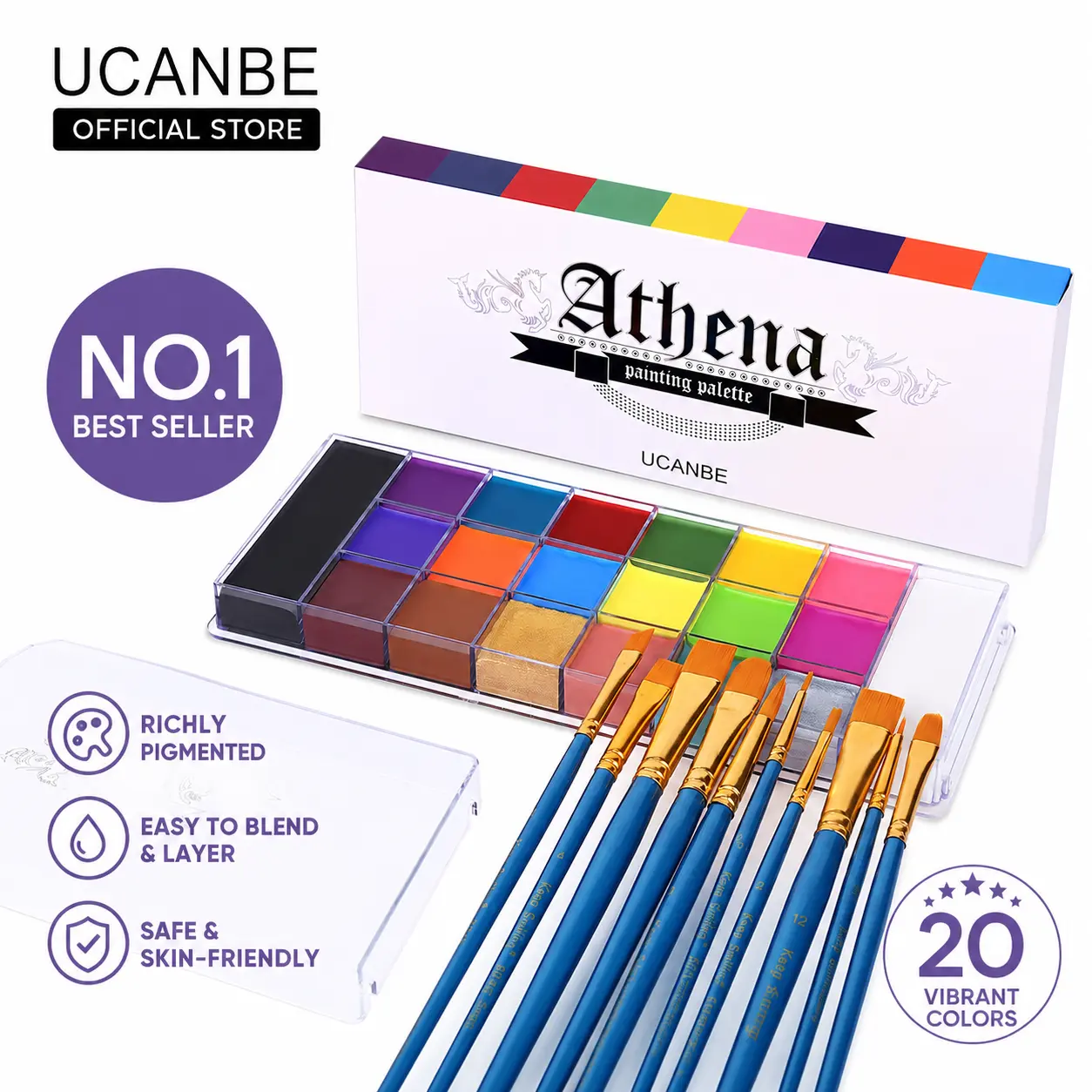 UCANBE Athena 20-Color Cosmetic Face & Body Oil Paint Palette - Safe Non-Toxic Professional Kit, Waterproof Temporary Tattoo, Sensitive Skin, Cosplay, Halloween Effects, Makeup Tutorials (Violet, Teal, Cinnamon)