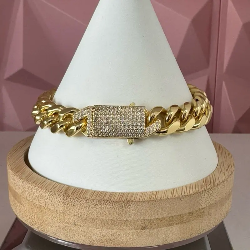 14k Gold Filled Monaco Bracelet, Stainless Steel Simple Cuban Link Chain with Crystal Zircon Flat Clasp, Size 9