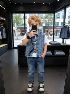 Boys' High-Quality Denim Three-Piece Set, Vintage Washed Vest + Cotton Print Tee + Slim-Fit Jeans, Breathable, Casual Style, Clothes Kids