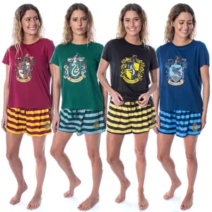 Harry Potter Women's Hogwarts Castle Crest 2 Piece Pajama Short Set Sleepwear - Slytherin Hufflepuff Gryffindor Ravenclaw