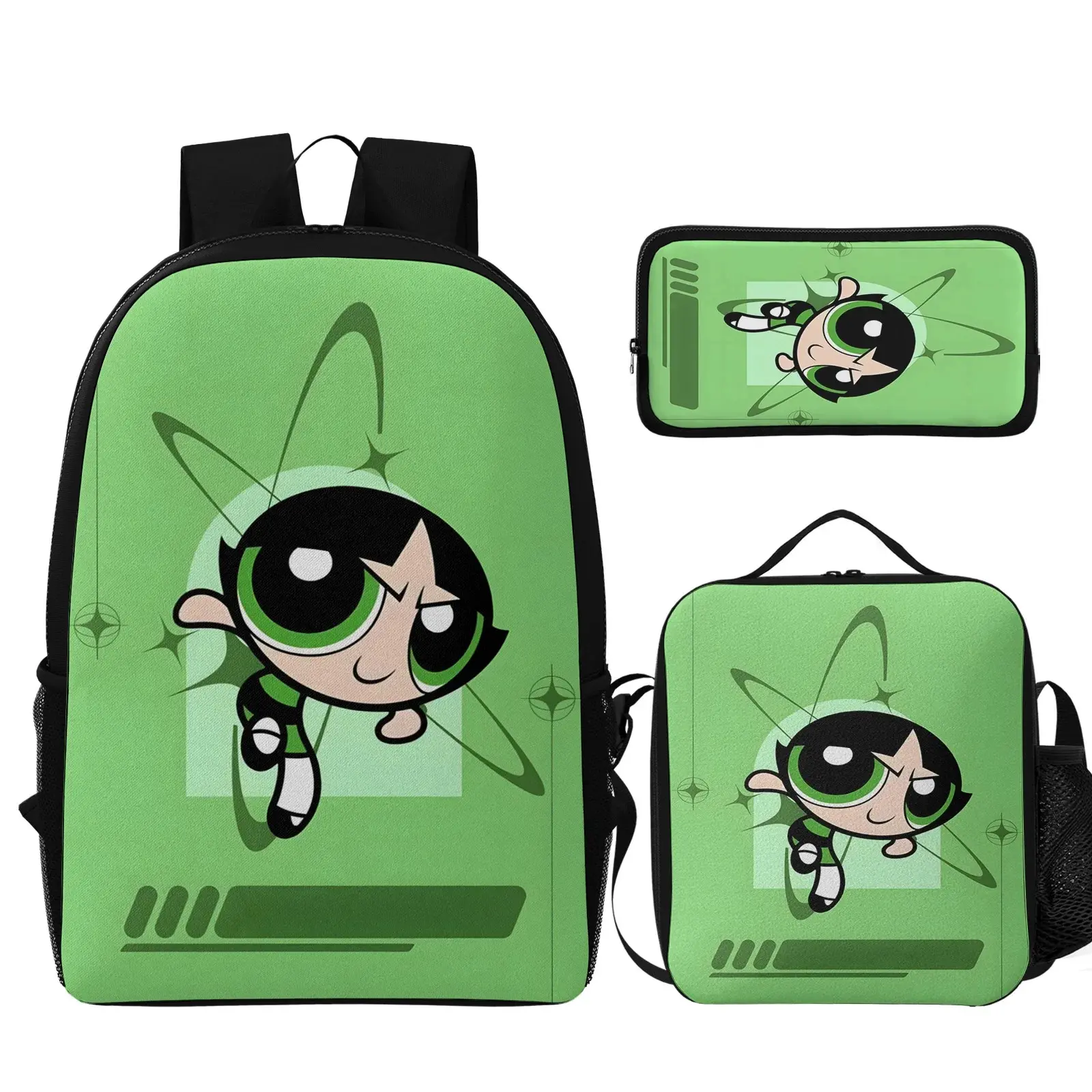 3Pcs Cartoon Backpack Set, Durable Powerpuff Theme Bag with Insulated Lunch Tote and Pencil Case, Lightweight Daily Bag for Outdoor & Commute(Style J)