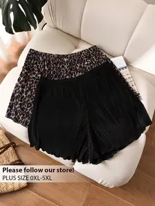 VYNCE Plus Size Pleated Shorts Set Leopard Print Solid Color Summer Casual